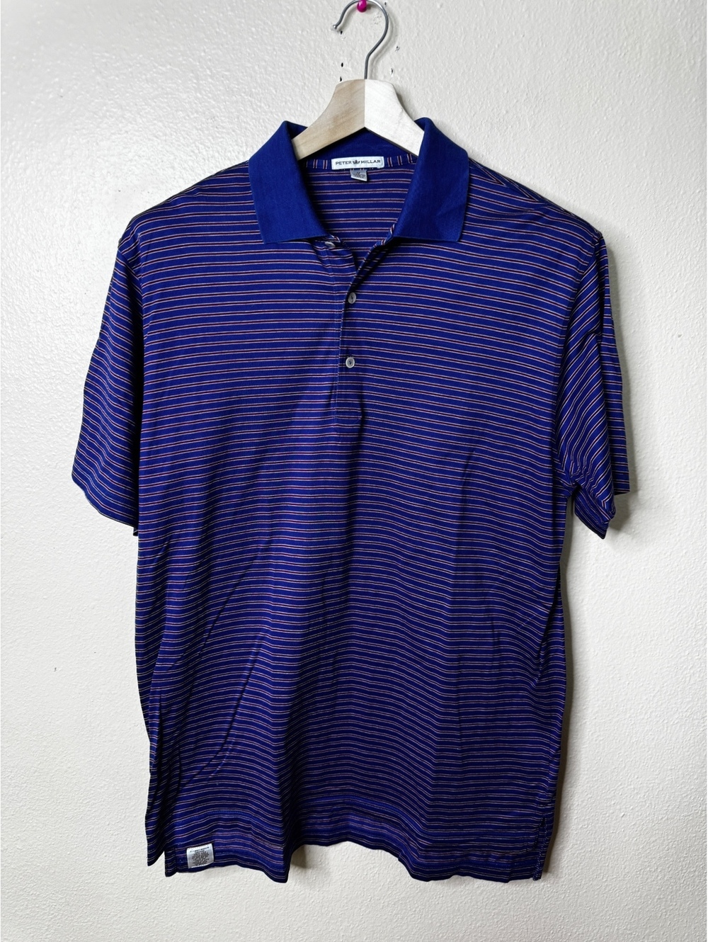 Peter Millar Men's Polo Shirt Medium Blue Striped Cotton golf Preppy